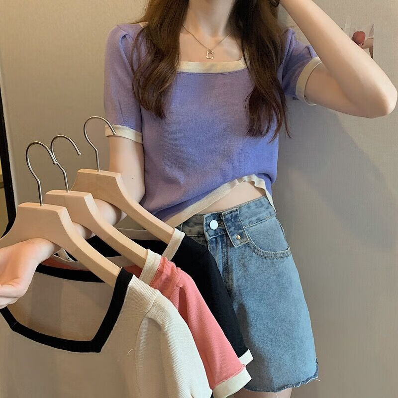 Dai Shangli contrast color knitted short sleeve T-shirt women's 2021 new summer dress design sense of minority high waist short square neck top fashion Dai Shangli contrast color knitted short sleeve T-shirt women's 2021 new summer dress design sense of minority high waist short square neck top fashion