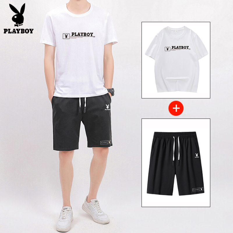 [two piece set] Playboy short sleeved t-shirt men's set 2022 summer men's casual sports pants Korean fashion trend slim fit casual versatile top summer T-shirt