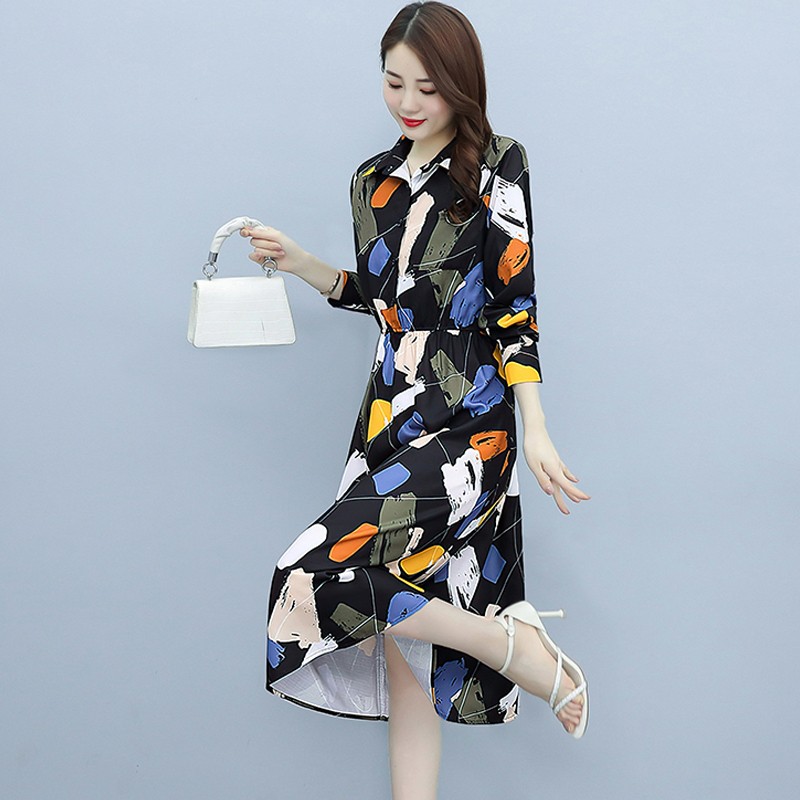 Xinqitian shirt dress women's wear spring 2022 new Korean version loose fashion temperament thin French splicing small print skirt women