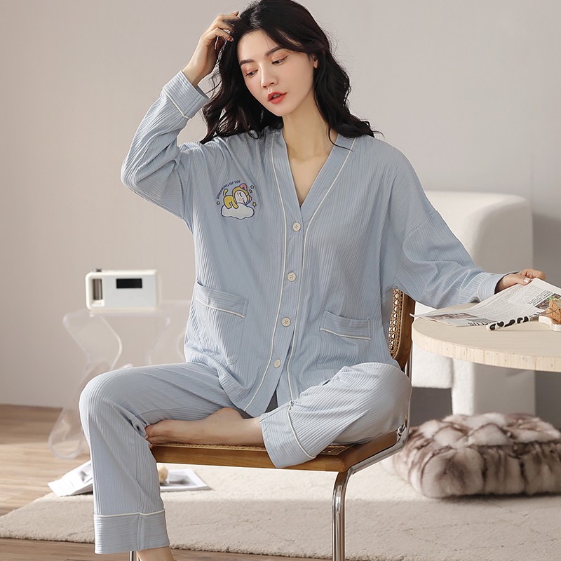 Yu Zhaolin pajamas women's spring and summer cotton long sleeves 2021 new network popular style ins style simple leisure small fresh loose large size can be worn out home clothes set