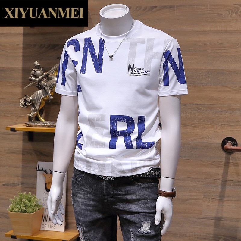 Xiyuanmei men's round neck short sleeve 2022 summer new alphabet print T-shirt youth slim fit and versatile handsome no iron half sleeve fashion fd-7313s