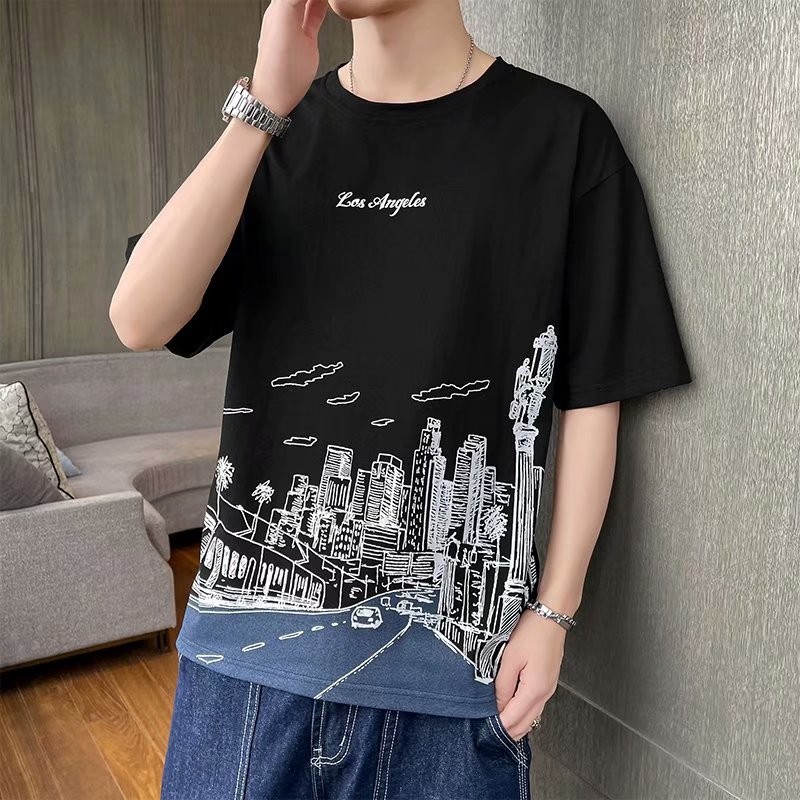 Lai Beiyi ice silk short sleeve t-shirt men's fashion brand ins Hong Kong Style Round Neck half sleeve 2021 men's Korean version student casual printing loose and versatile trend short sleeve bottomed top