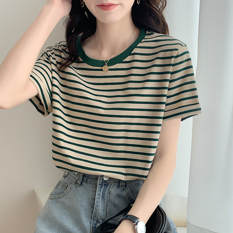 Vintage stripe short sleeve T-shirt women's spring and summer women's wear contrast color splicing versatile women's student T-shirt loose round neck women's top