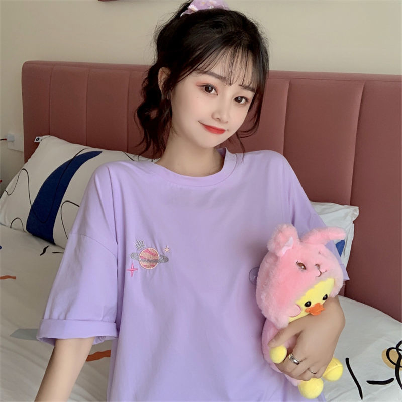 Summer 2021 new Korean embroidered planet short sleeved purple top student versatile loose women's T-shirt