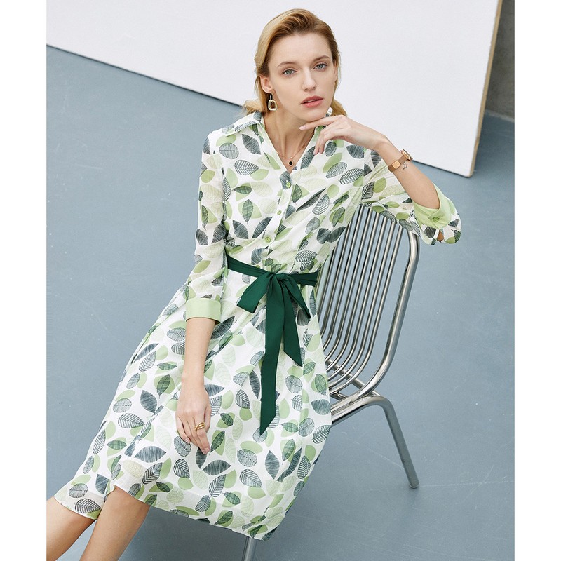 Yanyu 7 / 4 sleeve printed dress women's spring dress 2021 fashion age reduction waist slim floral skirt