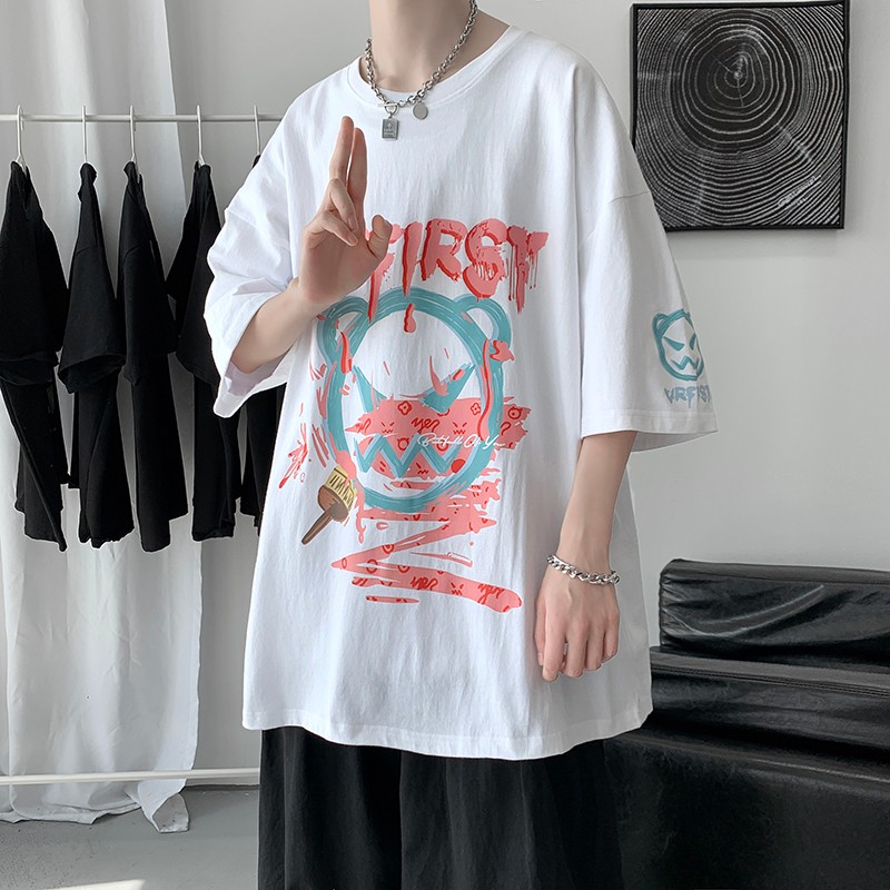 Rxex @ graffiti print short sleeve t-shirt men's fashion brand trend ins summer new five Sleeve T-Shirt Top Men's wear loose and versatile student casual half sleeve t-shirt men's wear