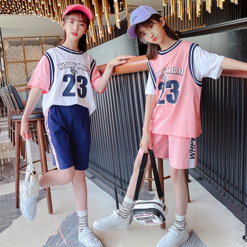 Support domestic Li Ning girls' basketball suit sports suit 2022 new summer children's foreign style middle-aged children's Summer Shorts short sleeved jerseys