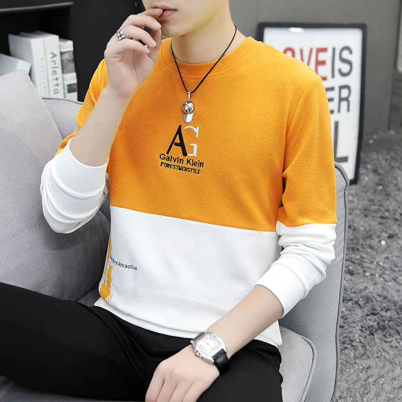 Autumn and winter men's sweater stitching long sleeve T-shirt round neck Pullover Sweater bottoming shirt T-shirt Korean slim fit men's shirt sn9611