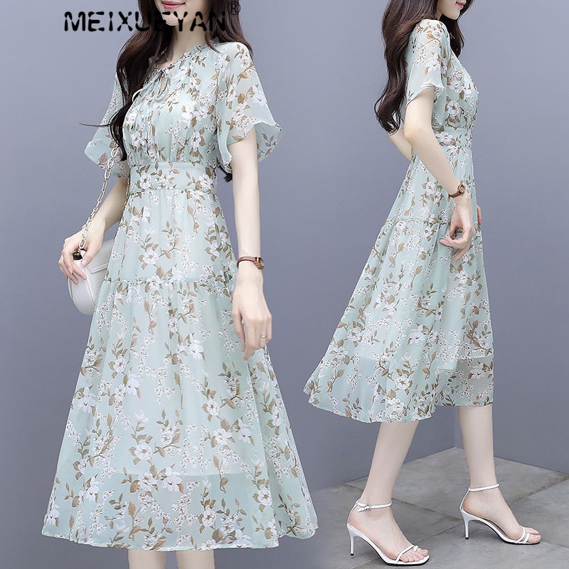 Meixueyan brand women's chiffon dress women's new style in spring and summer 2022 slim and slim French Hepburn Fengsen broken flower medium and long A-line skirt