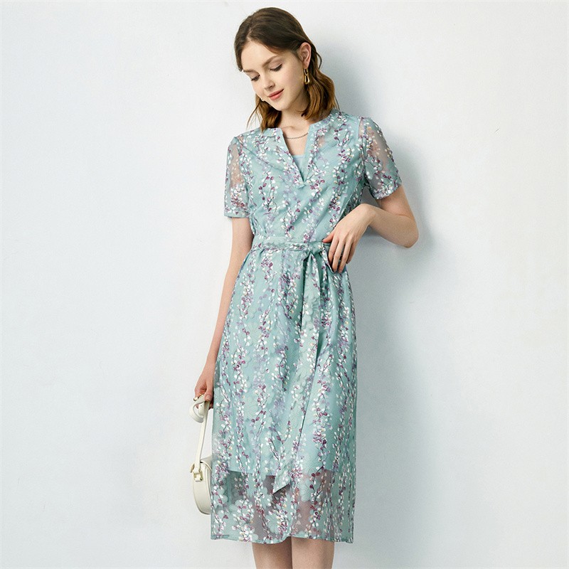 Yanyu hook flower lace dress women's summer dress new French temperament waist closing sexy short sleeve floral skirt