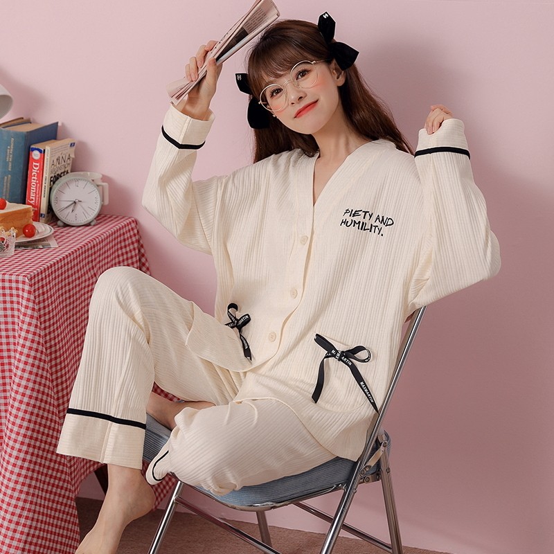 Yu Zhaolin pure color cotton pajamas women's spring and autumn long sleeve home clothes large size suit simple and lovely sweet sister can wear two-piece suit in autumn and winter