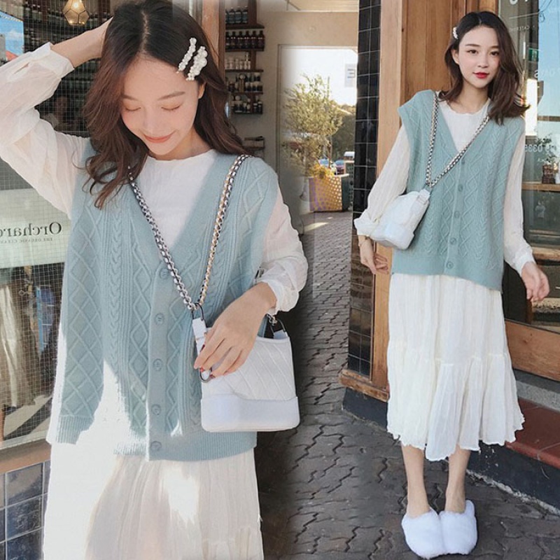 &￥ modal maternity clothes autumn style sweet and gentle wind suit Vintage knitted vest Chiffon loose Pleated Dress two-piece set autumn and winter maternity clothes early, middle and late clothes
