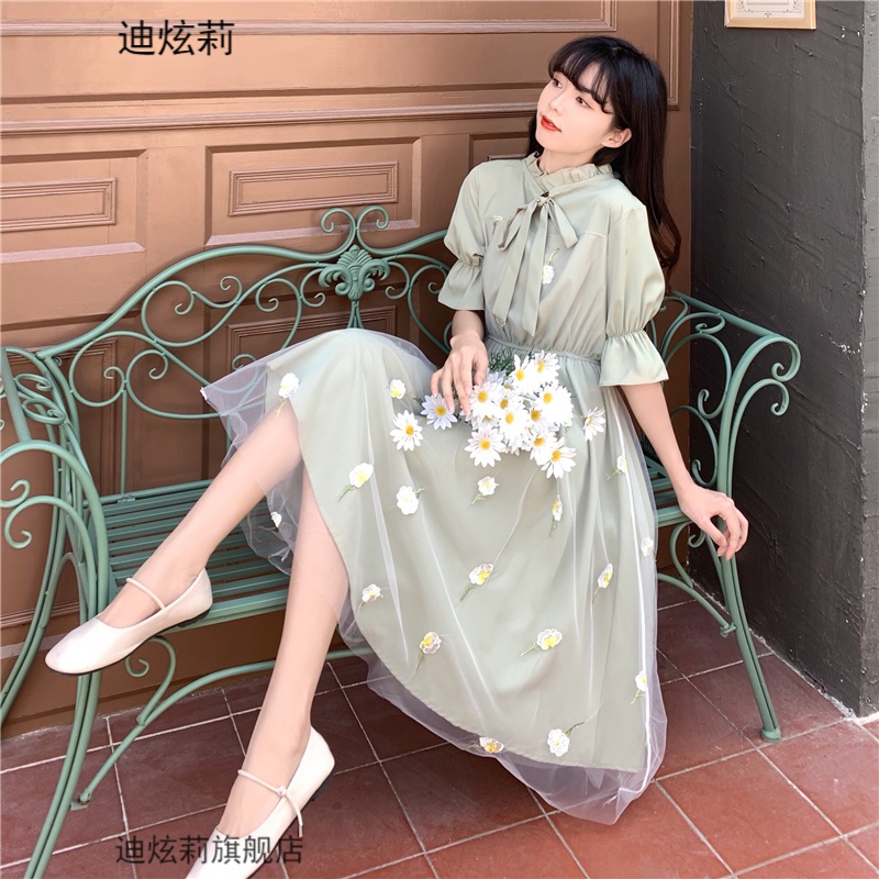 Di Xuanli dress students summer high school students junior high school students girls skirt summer Korean short sleeved clothes long fairy Skirt Girls Middle School Girls College style loose and thin medium and long skirt