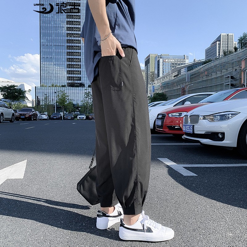 Langgu drop feeling casual pants men's summer 2021 new Korean fashion nine point pants straight leg Leggings youth port style sports vertical breathable ice silk pants men's