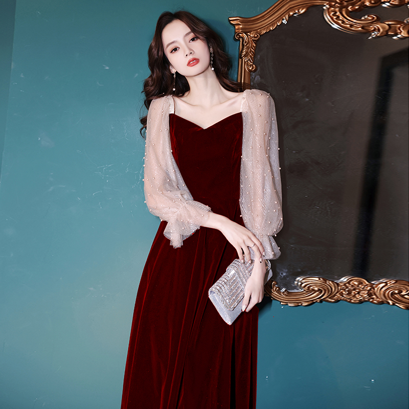 Vkgz light luxury women's clothing brand 2021 autumn new small board velvet long sleeved evening dress skirt bride engagement banquet wine red Wedding Toast dress can be worn at ordinary times