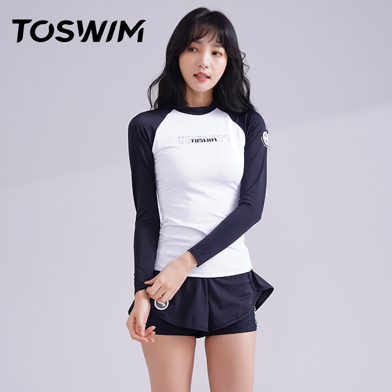 Toswim Tuosheng swimsuit women's split body covering belly appears thin and conservative Korean ins holiday swimsuit white body and black sleeve