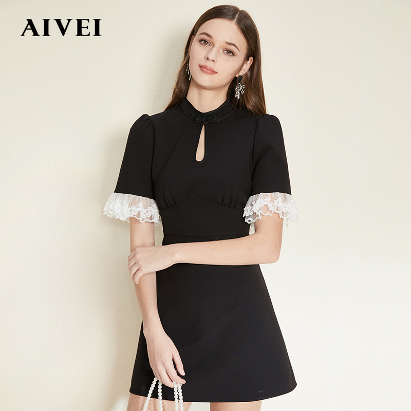 Congratulations to Ivy 22 spring new lace lotus leaf sleeve national style high waist slim dress n0160083