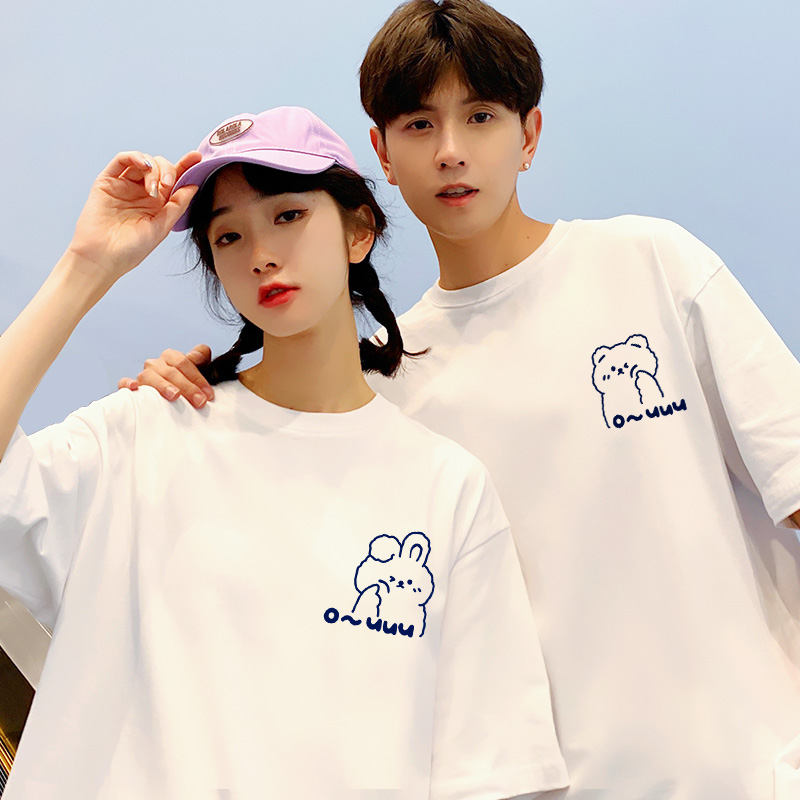 (two pieces) love couple summer season short sleeved T-shirt set 2022 new trend ins one man and one woman casual versatile half sleeved top student class clothes customization