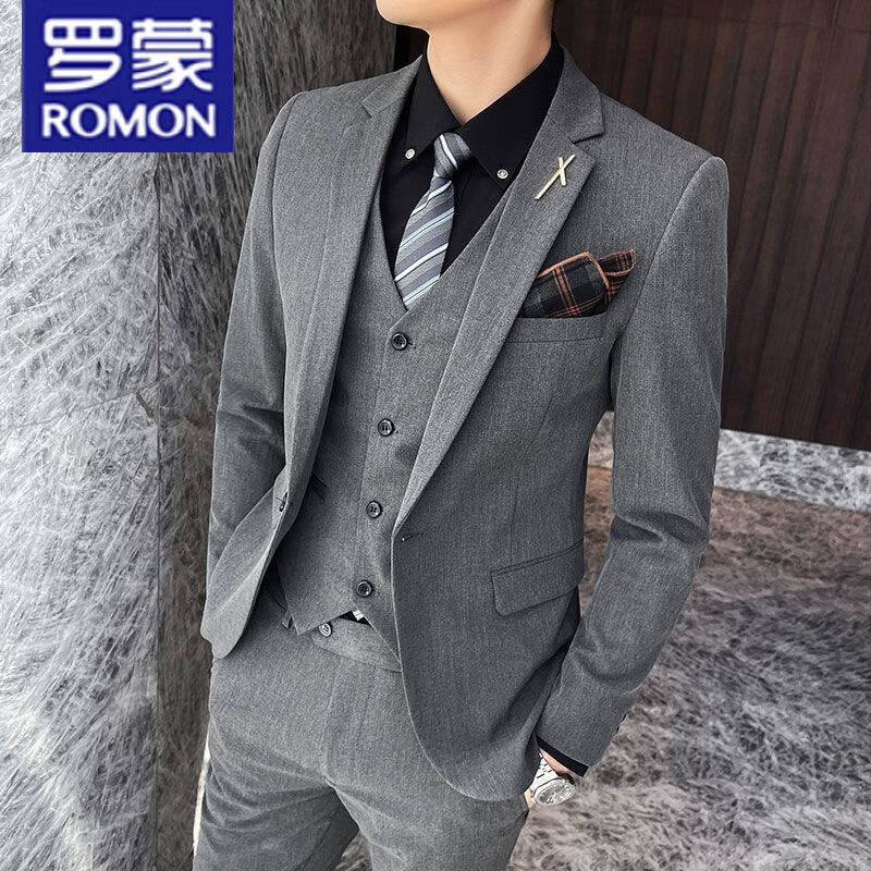 Romon suit men's suit set three piece set 2021 autumn handsome trend casual suit top business suit jacket groom wedding dress best man Korean version slim fitting high-end light luxury