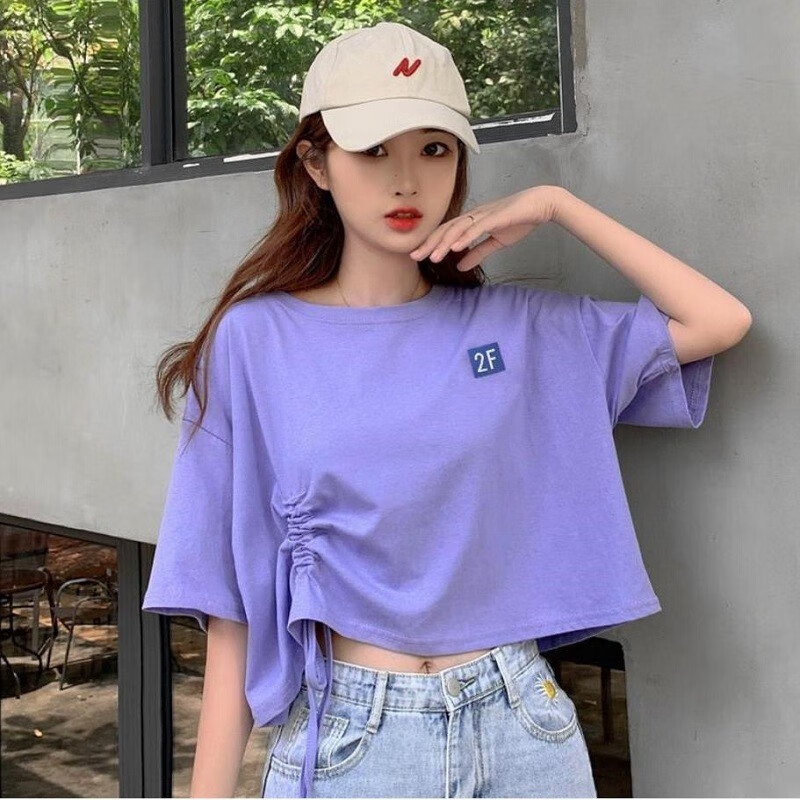 This is a beautiful Korean version of loose design, a sense of minority drawstring exposed navel high waist top, Xia Yafeng short short sleeved T-shirt, women's fashion