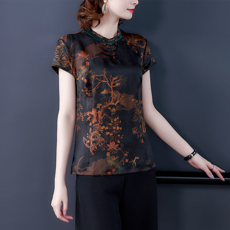 2022 fragrant cloud gauze Chinese style short sleeved top on Italian pillow women's middle-aged and elderly mothers' heavy silk summer clothes mulberry silk shirt short style