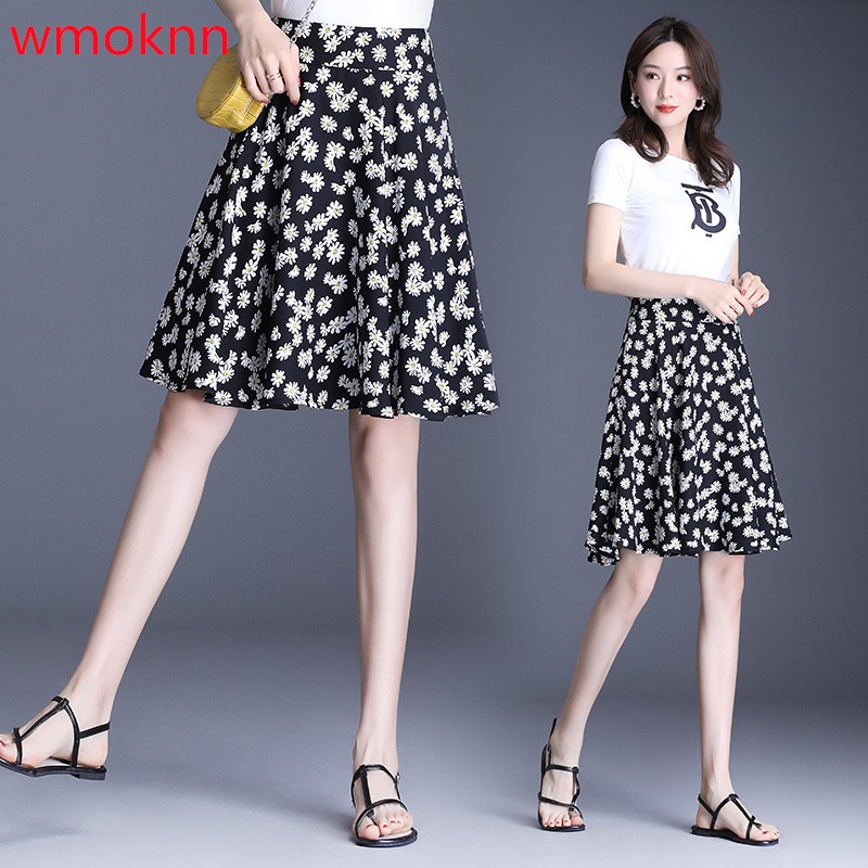 Wmoknn Hong Kong fashion brand chiffon skirt, female summer print, spring and autumn small mature fairy fashion, simple sexy flower skirt, flower color skirt, A-shaped skirt, broken flower pleated skirt