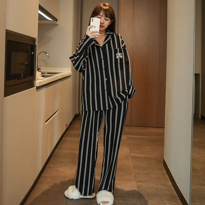 Yu Zhaolin pajamas women's spring and autumn cotton pajamas fashion Lapel long sleeve 2021 new externally wearable home clothes autumn two-piece suit