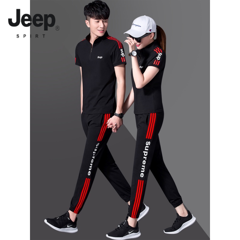 Jeep / Jeep [light luxury high-grade] sports suit men's summer short sleeved couple sportswear leisure running fitness suit loose two-piece set women's sweater black [9895 pants] women's M [85-98 kg]