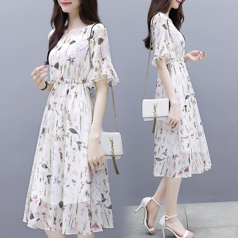 Lenton pipe Chiffon Dress 2022 new summer temperament slim print fairy a word medium length waist cut floral skirt