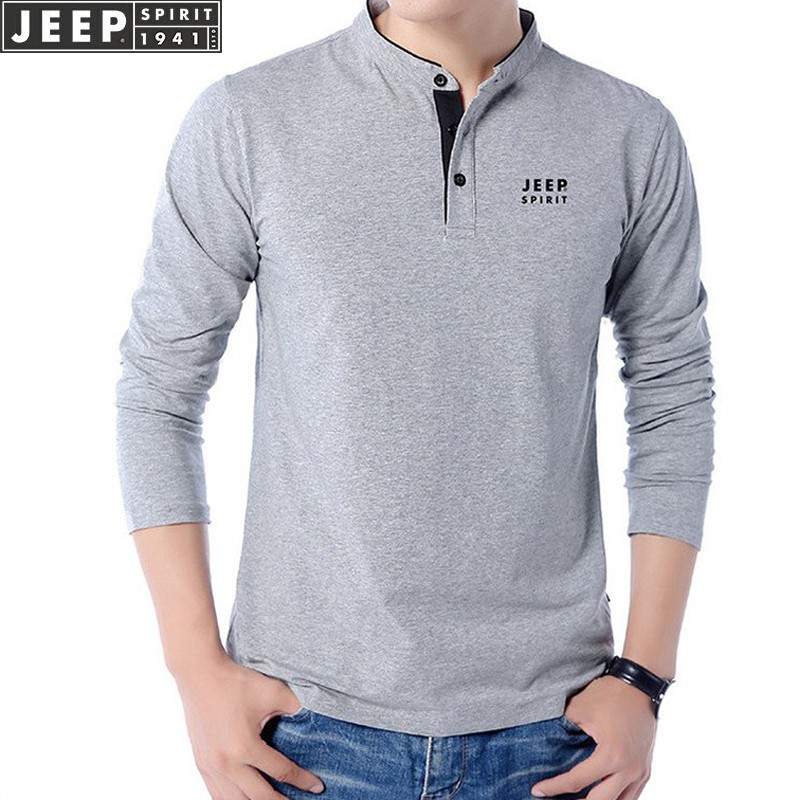 Jeep Jeep long sleeve t-shirt men's spring and autumn new loose sports leisure large size sweater solid color V-neck middle-aged men's Cotton Top Men's