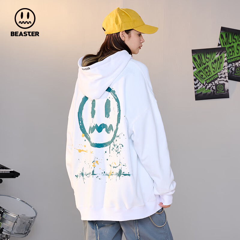 Beaster devil's face glittering Pink Spray print Hoodie drawstring sweater shoulder port style lazy style top