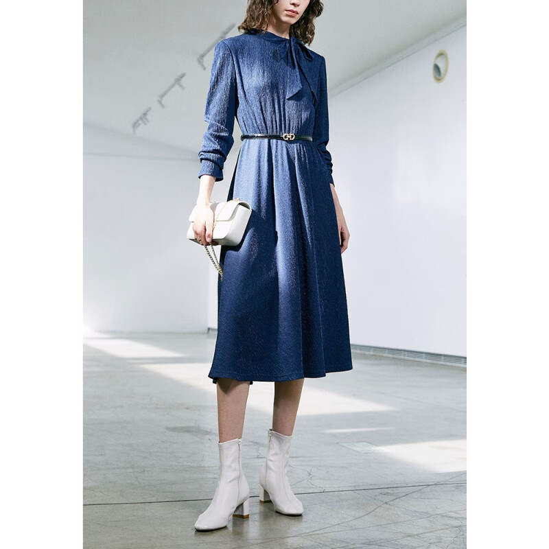 Yanyu long sleeved dress women's winter dress new style waist closing thin medium long simple retro skirt