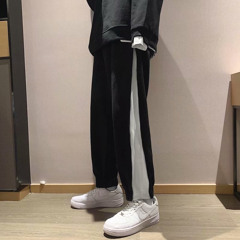 Bird voice casual pants men's side zipper stitching thin legged boys' pants spring fashion trend Hong Kong Style loose nine point straight pants