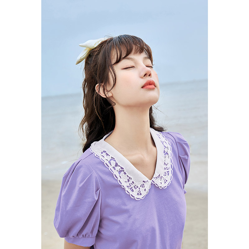 Inman summer new round neck literary embroidery small fresh retro casual versatile loose short sleeve t-shirt female [1812191]