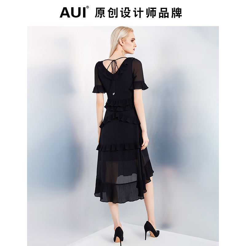 AUI black chiffon dress women's new European and American style in summer 2022 V-neck thin belly covering skirt