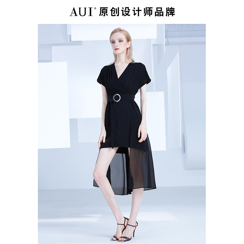 AUI black chiffon dress women's summer 2022 new European and American women's dress V-neck temperament waist skirt
