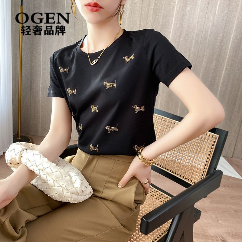 Hong Kong ogen light luxury brand women's mercerized cotton fashion short sleeve T-shirt women's summer new round neck Pullover slim and versatile top