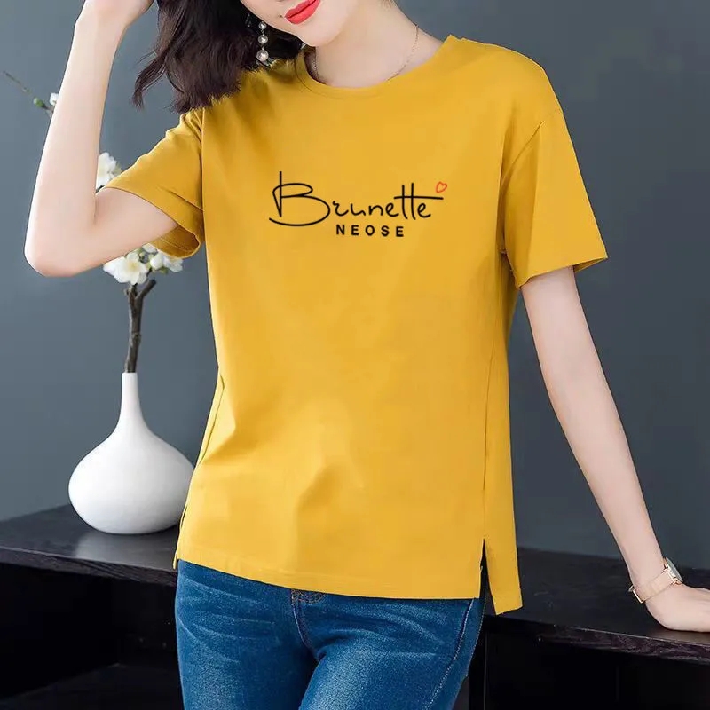 Pure letter pure cotton T-shirt women's short sleeve 2021 new short sleeve women's summer Korean version loose, thin and fat mm versatile large casual women's top bottom shirt