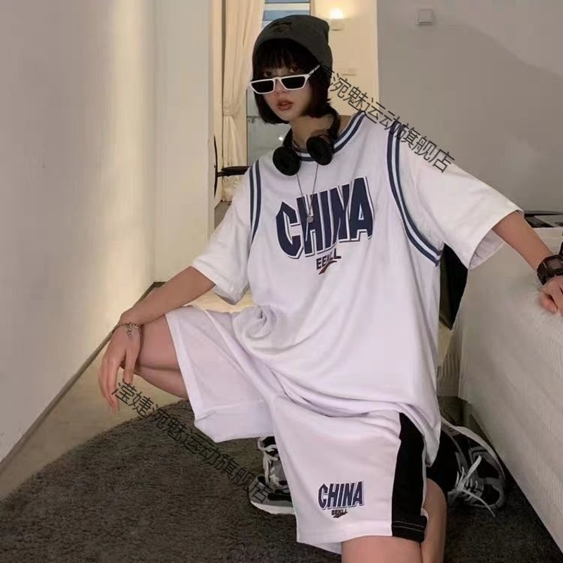 21 new Korean Basketball Suit Girls' sports suit girls' Cool casual loose Jersey two piece suit fashion