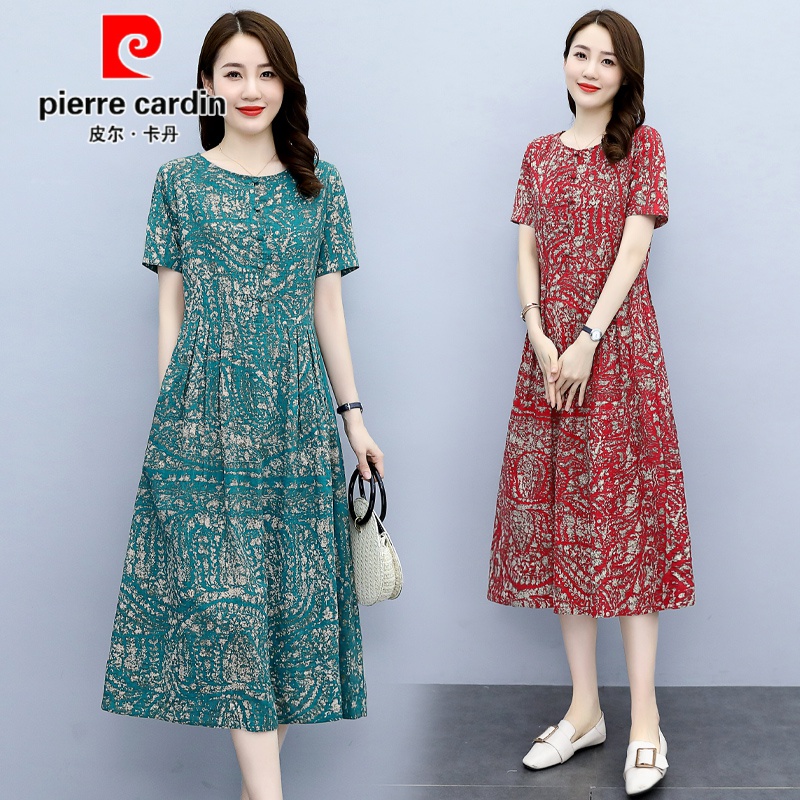 Pilkadan light luxury high-grade women's cotton linen dress women's summer dress short sleeve round neck retro printing loose A-line skirt covering the belly and showing thin linen floral skirt knitting