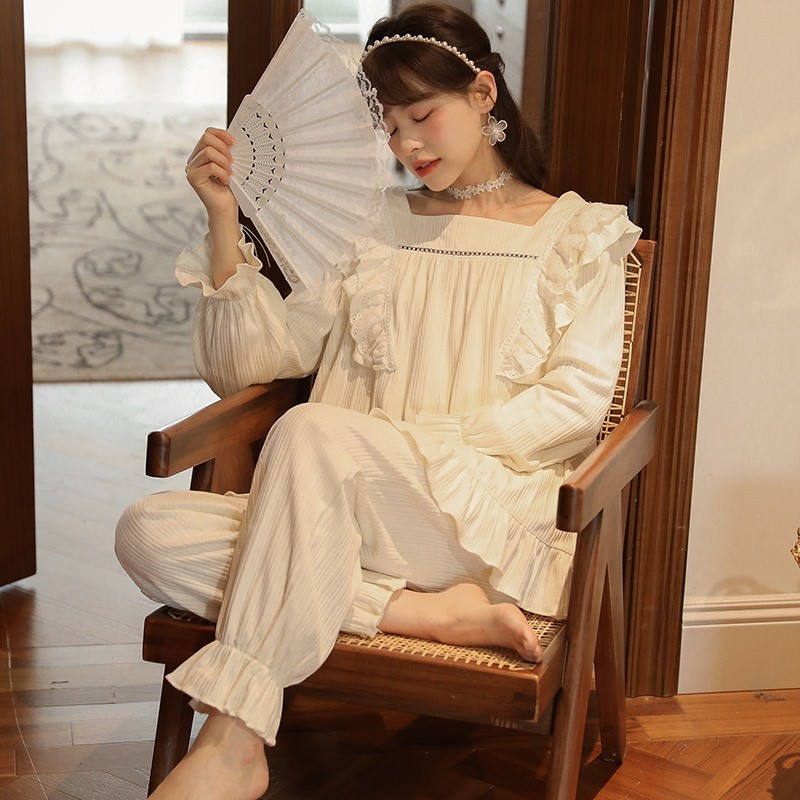 Yu Zhaolin pajamas women's cotton long sleeves spring and autumn 2021 new princess style court style students are sweet and lovely, and can wear loose large home clothes two-piece set