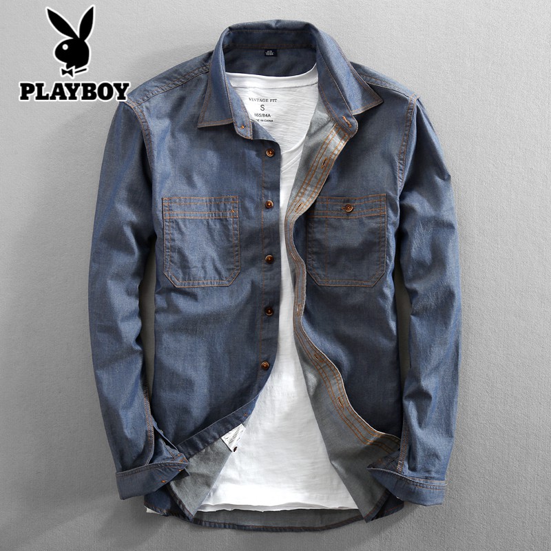 Playboy summer men's long sleeved denim shirt cotton loose solid color shirt casual Blue Youth jeans jacket fashion Playboy summer men's long sleeved denim shirt cotton loose solid color shirt casual Blue Youth jeans jacket fashion