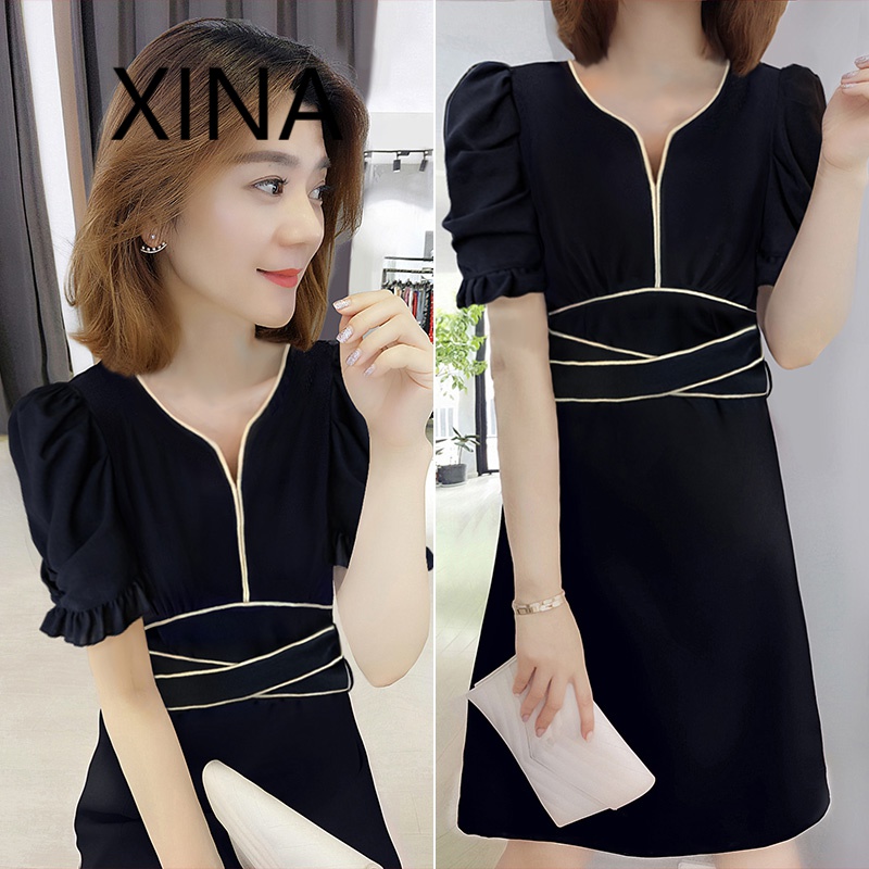 Xina Hong Kong fashion brand European and American black V-neck skirt bubble sleeve waist closing commuter style small dress women's summer new 2021ins