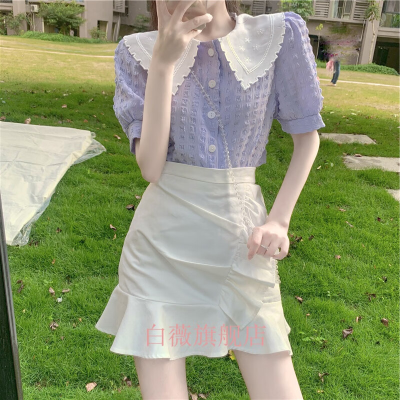 Bai Wei's new summer style short stature bubble sleeve short sleeve short women's T-shirt purple doll collar female French very fairy top