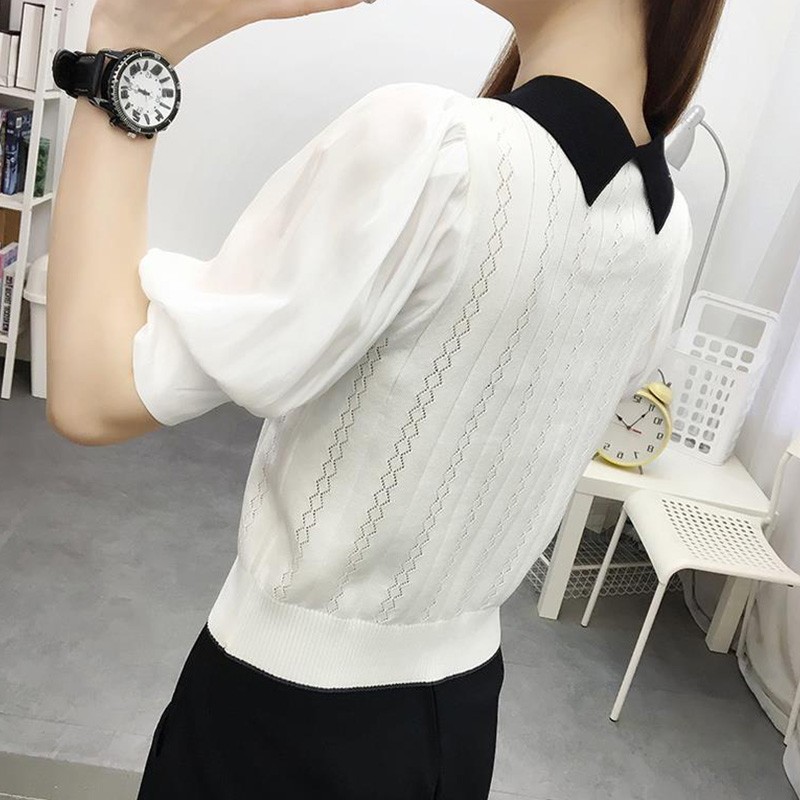 Yueying short sleeved T-shirt women's ice 2022 spring and summer new women's clothing Korean version doll collar thin knitted T-shirt slim and thin temperament outer wear top female fashion student bubble sleeve bottomed shirt