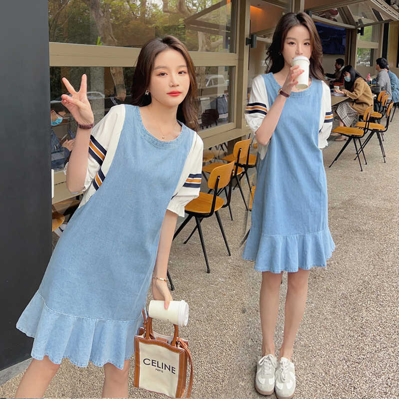 Ruibili pregnant women postpartum lactation clothes outdoor clothes 2022 summer new Korean Short Sleeved thin loose age reducing denim dress covering meat and showing thin fishtail skirt trendy mother feeding clothes