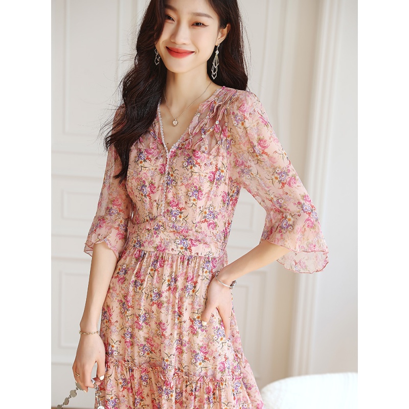 Icain high-end brand chiffon dress women's 2022 summer new French light mature pink skirt temperament age reduced floral skirt slim large swing skirt women's new D20