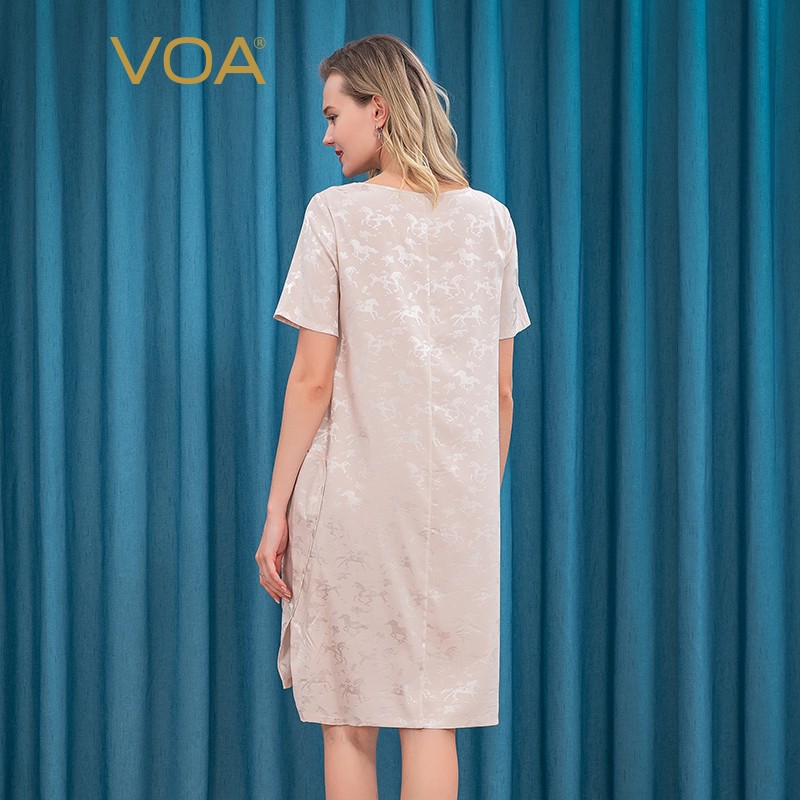 VOA mulberry silk jacquard round neck short sleeve horse pattern double pocket hem split front short back long loose casual silk dress aj22-2