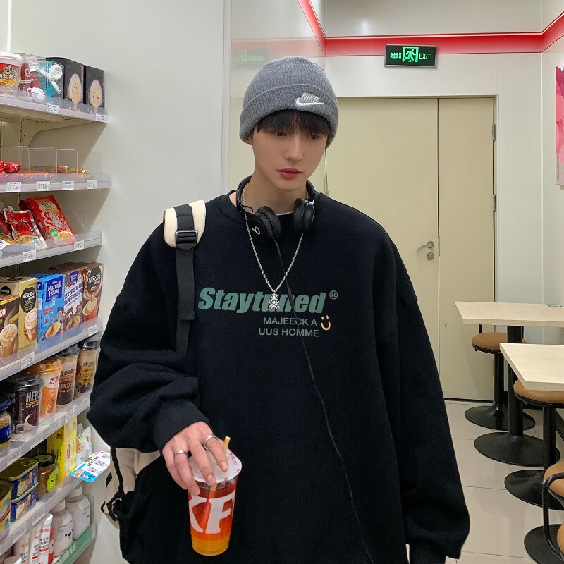 (tyhk) loose and thickened round neck sweater in autumn and winter men's 2021 new long sleeve Pullover coat printed inner top