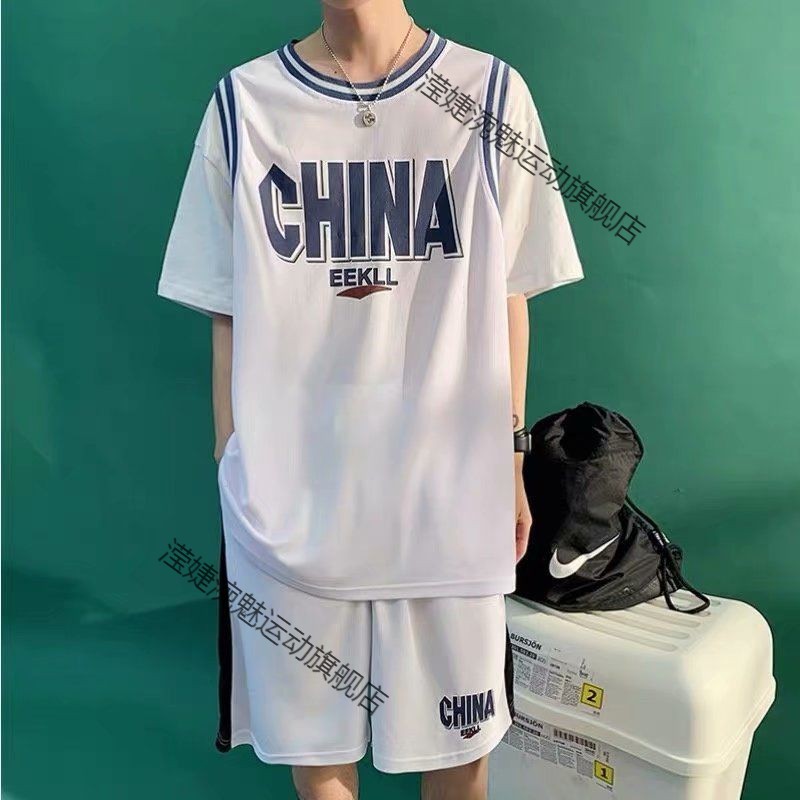 Basketball suit male and female students summer sports leisure loose leave two-piece one set of JERSEY SHORTS two-piece set of fashion